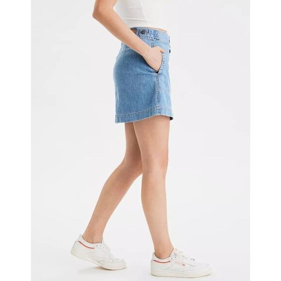 American Eagle Jean Skirt Womens 4 Blue Denim Super High Rise A-Line Button NEW - Picture 3 of 16